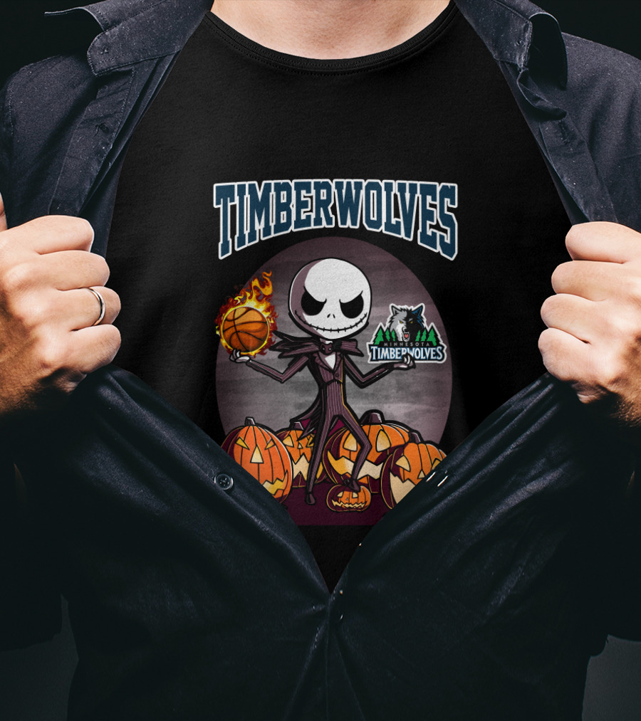 Timberwolves Jack Skellington Halloween Basketball With Pumpkins T-Shirt