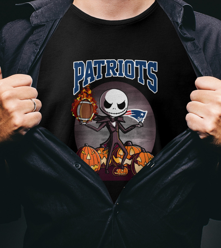 Patriots Halloween Jack Skeleton Holding Football Surrounded By Pumpkins T-Shirt