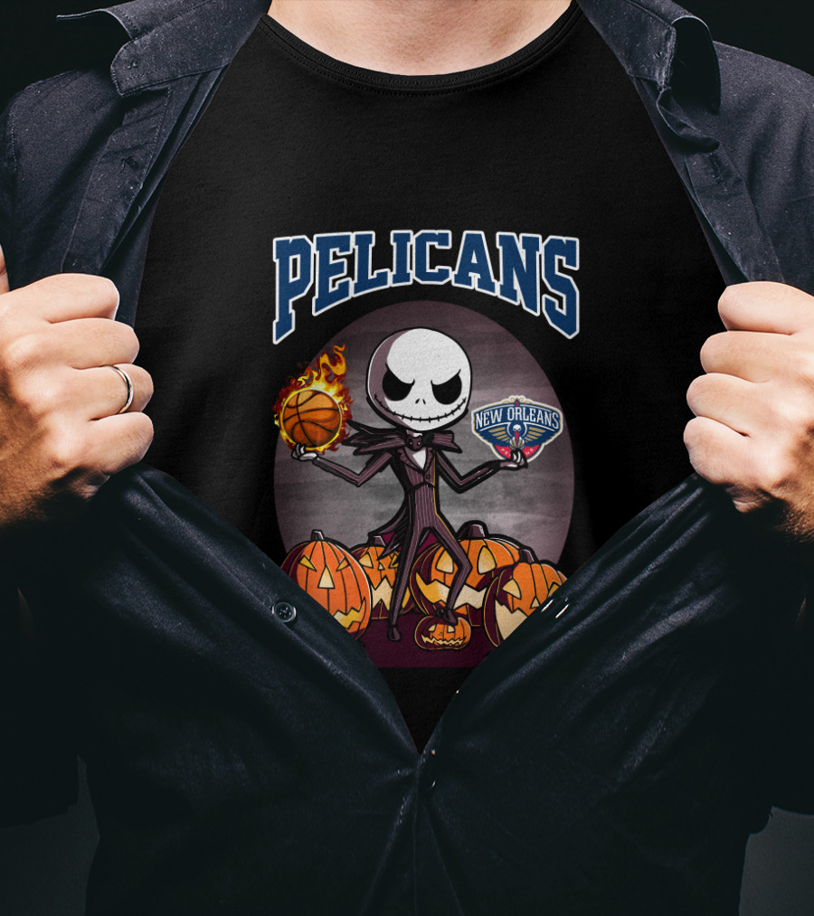 Halloween Jack Skellington With New Orleans Pelicans Logo Surrounded By Pumpkins T-Shirt