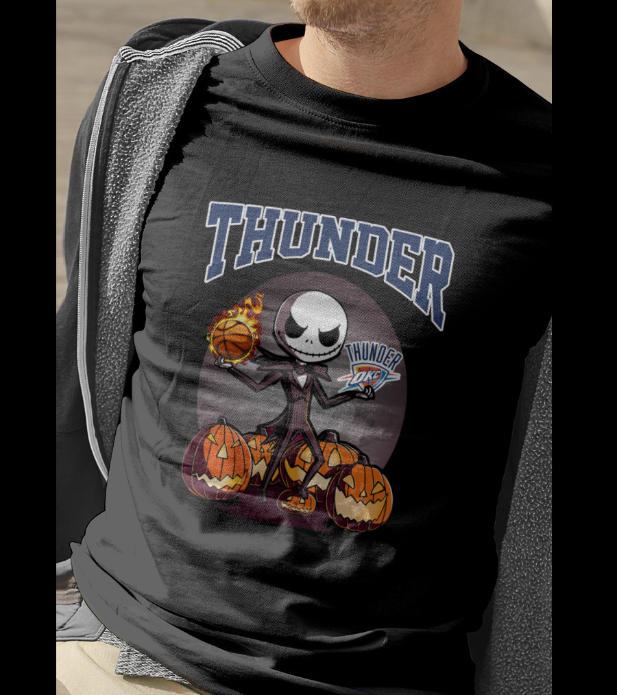 Thunder Jack Skellington Halloween Oklahoma City Thunder Basketball Pumpkins T-Shirt