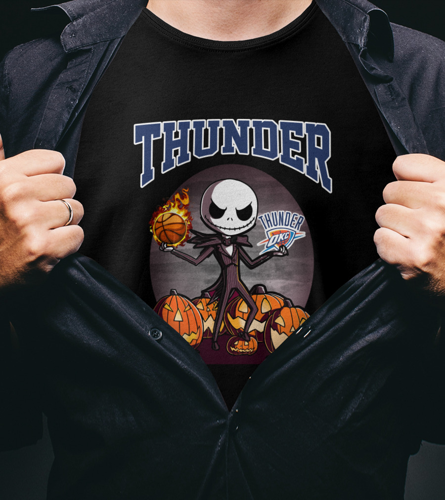 Thunder Jack Skellington Halloween Oklahoma City Thunder Basketball Pumpkins T-Shirt