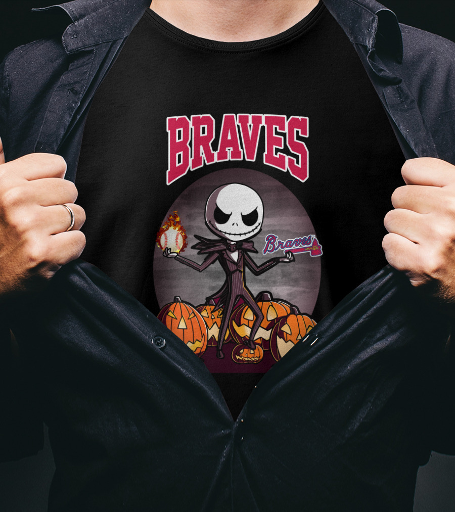 Braves Jack Skellington Halloween Pumpkins With Flaming Baseball T-Shirt