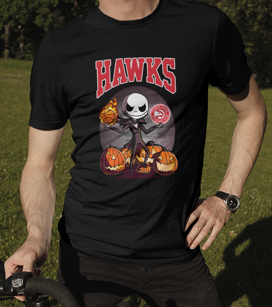 Jack Skellington Halloween Atlanta Hawks Basketball And Pumpkins T-Shirt