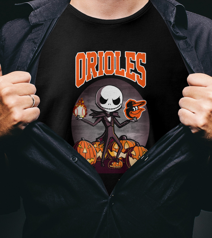 Orioles Halloween Jack Skellington Holding Flaming Baseball And Baltimore Orioles Logo Amidst Jack-O'-Lanterns T-Shirt