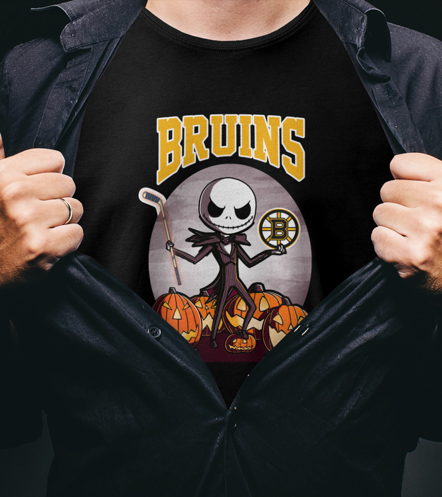 Bruins Jack Skellington Halloween With Boston Hockey Pumpkins T-Shirt
