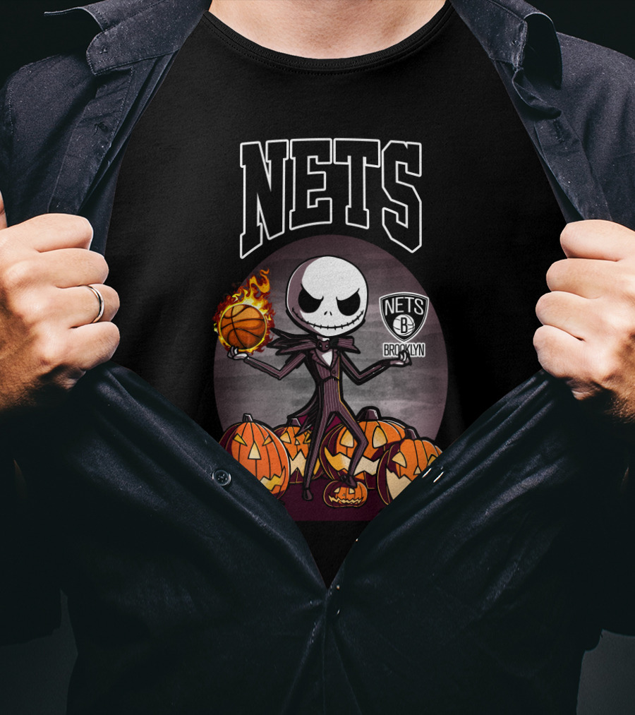 Jack Skellington Brooklyn Nets Halloween Pumpkins Basketball T-Shirt
