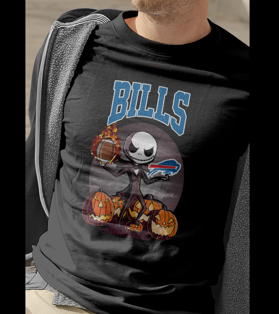 Jack Skellington Buffalo Bills Halloween Pumpkins Football And Flames T-Shirt