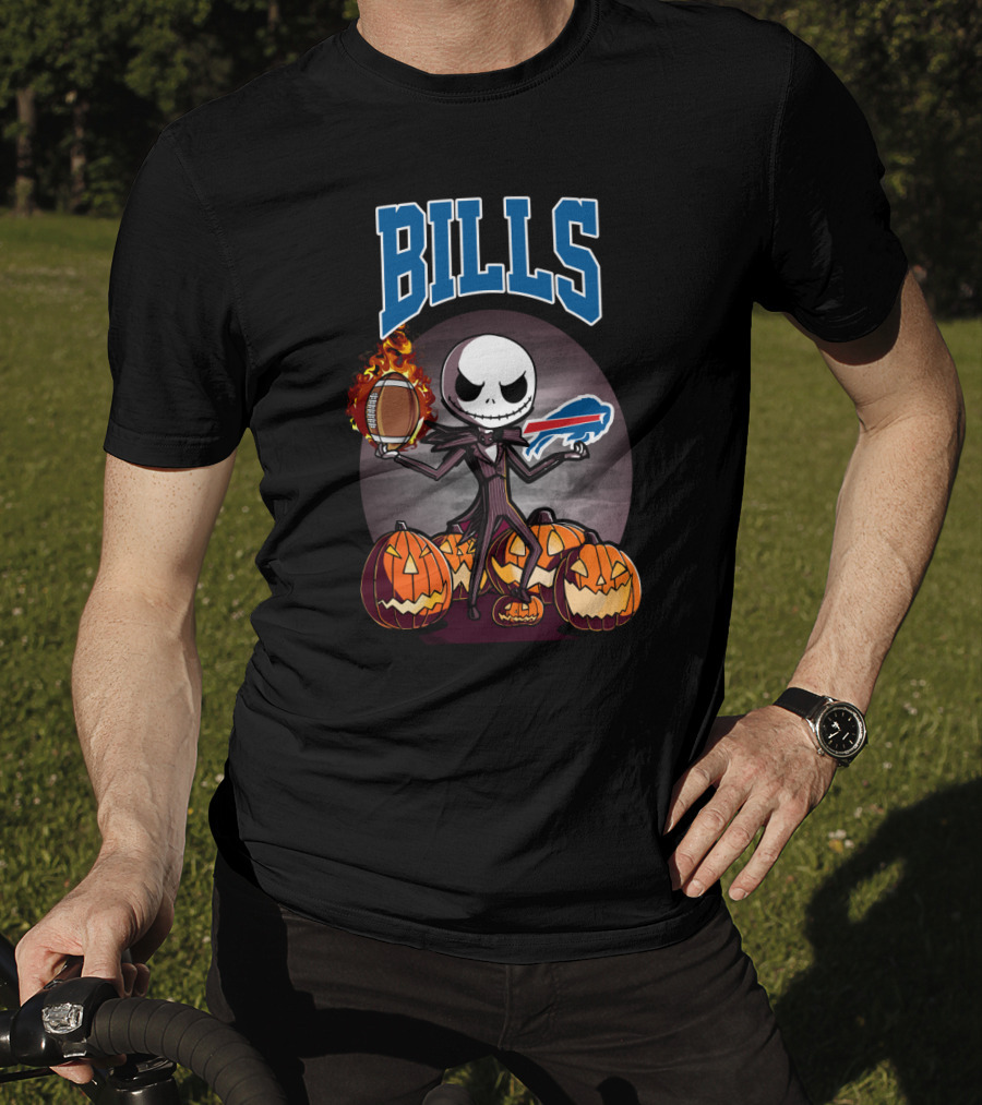 Jack Skellington Buffalo Bills Halloween Pumpkins Football And Flames T-Shirt