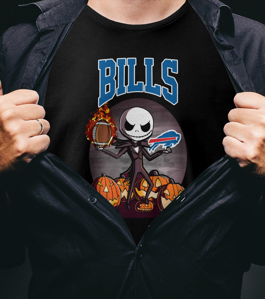 Jack Skellington Buffalo Bills Halloween Pumpkins Football And Flames T-Shirt