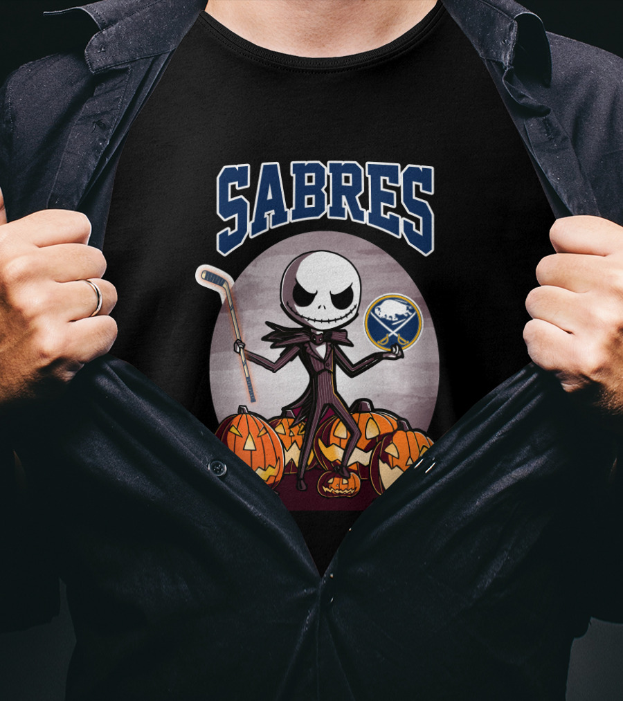 Jack Skellington Halloween Buffalo Sabres Hockey Pumpkins T-Shirt