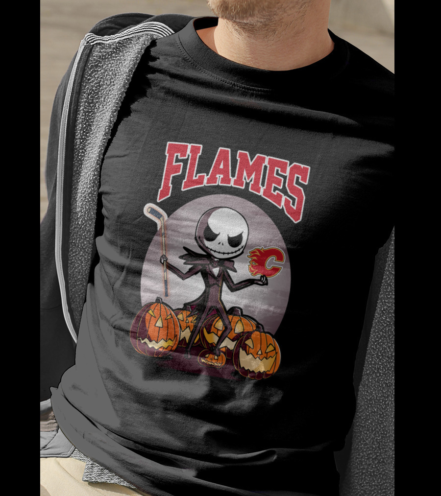 Calgary Flames Jack Skellington Halloween Hockey Pumpkins T-Shirt