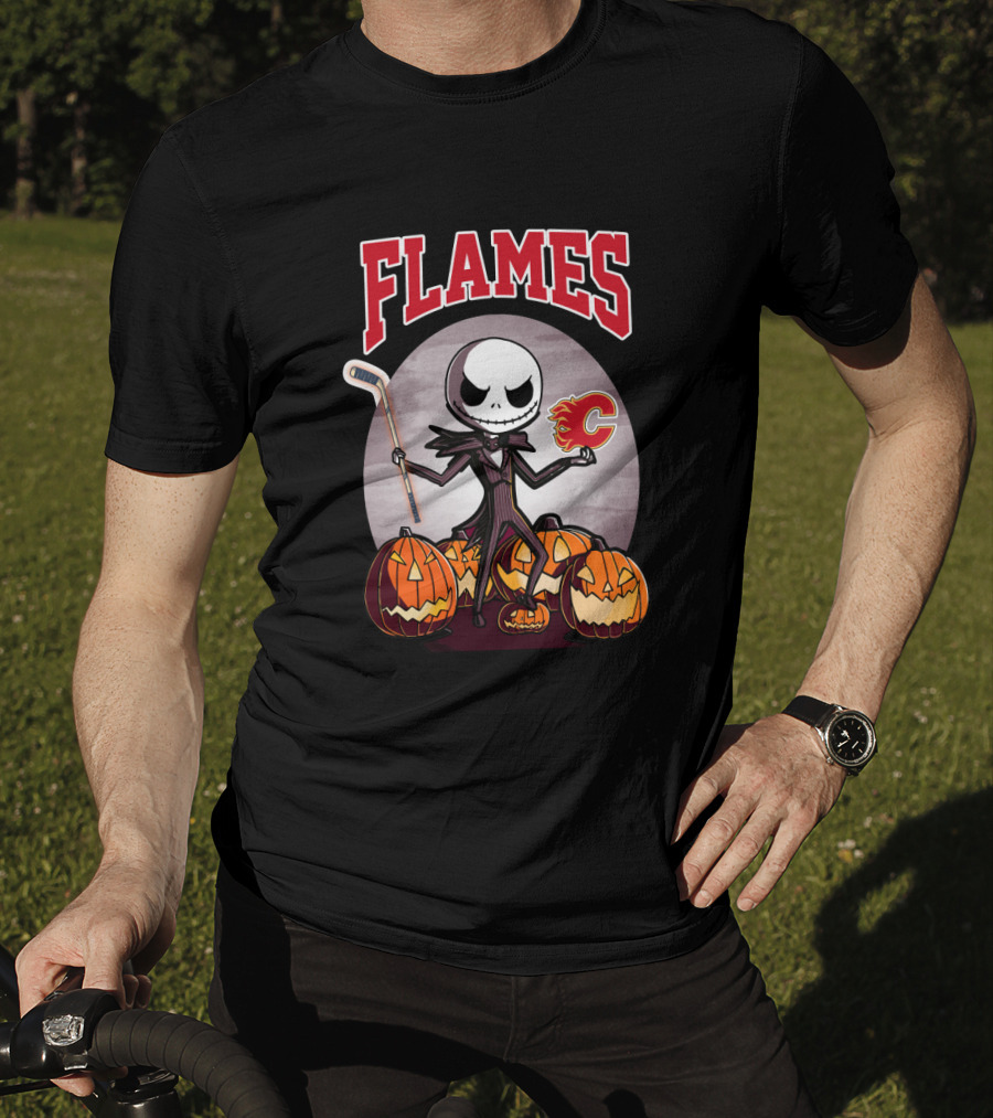 Calgary Flames Jack Skellington Halloween Hockey Pumpkins T-Shirt