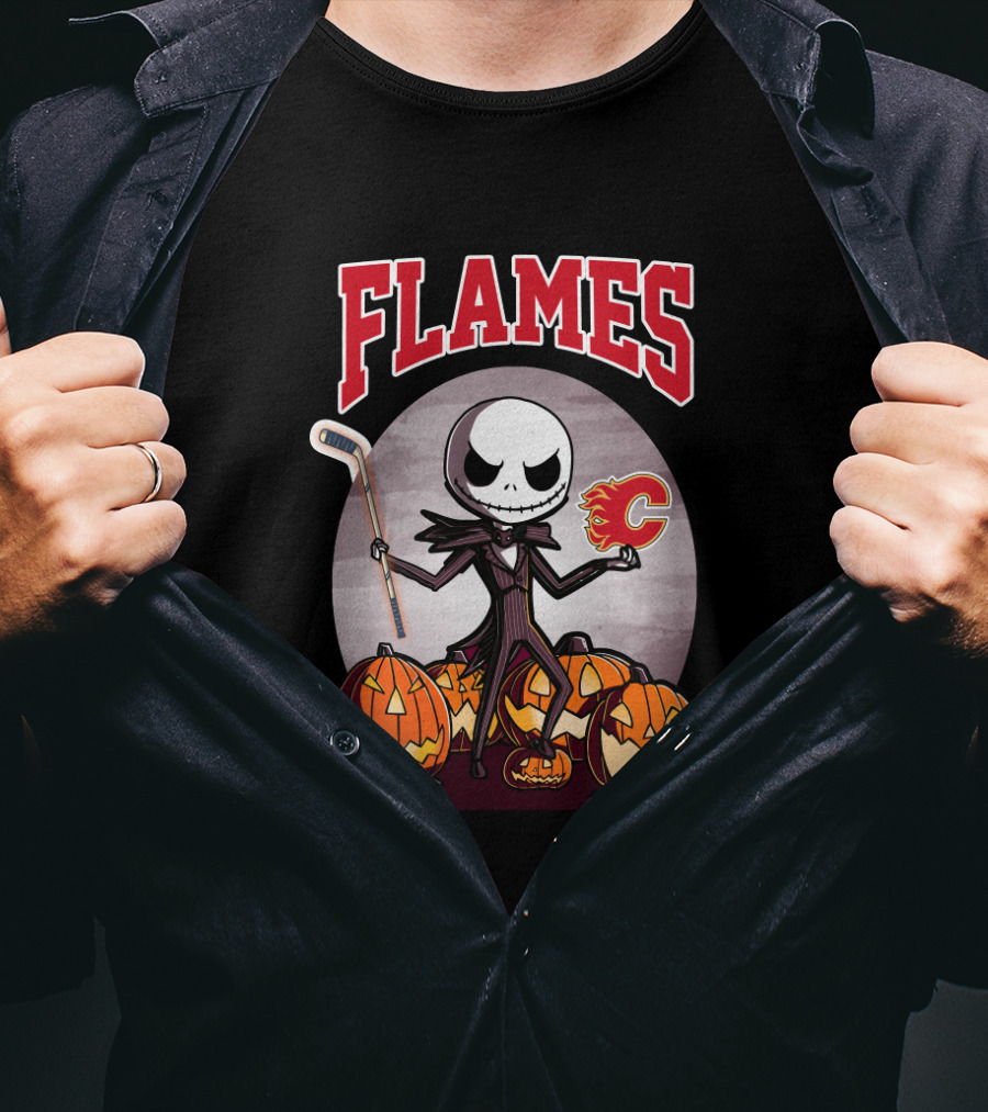 Calgary Flames Jack Skellington Halloween Hockey Pumpkins T-Shirt
