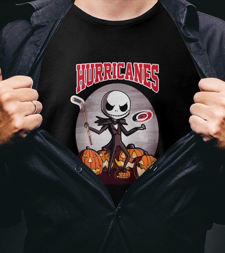 Jack Skellington Carolina Hurricanes Halloween Hockey Pumpkins T-Shirt