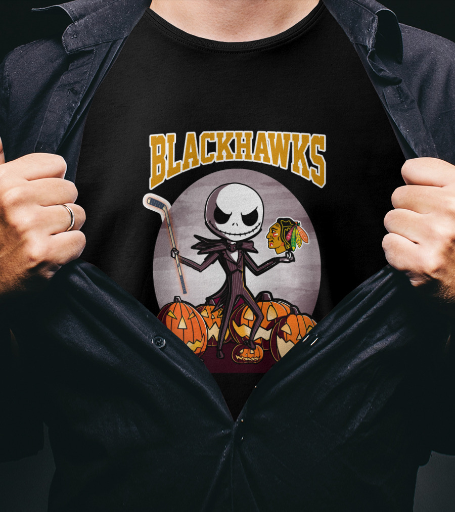 Jack Skellington Holding Chicago Blackhawks Logo Surrounded By Halloween Pumpkins T-Shirt