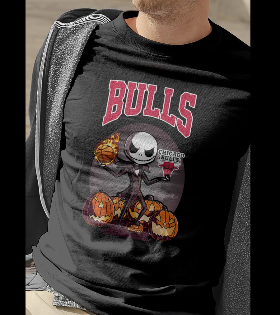 Bulls Halloween Jack Skellington Chicago Bulls Basketball Pumpkins T-Shirt