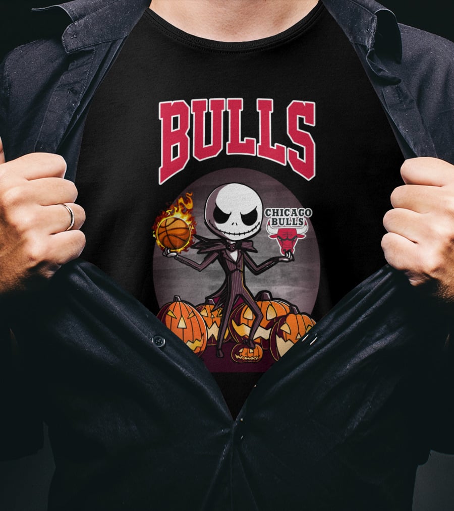 Bulls Halloween Jack Skellington Chicago Bulls Basketball Pumpkins T-Shirt