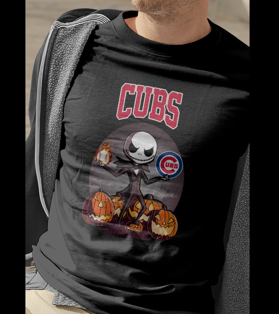 Cubs Jack Skellington Halloween Pumpkin Flame Baseball T-Shirt