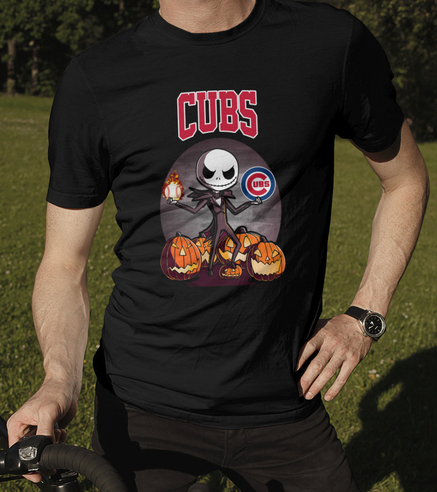 Cubs Jack Skellington Halloween Pumpkin Flame Baseball T-Shirt