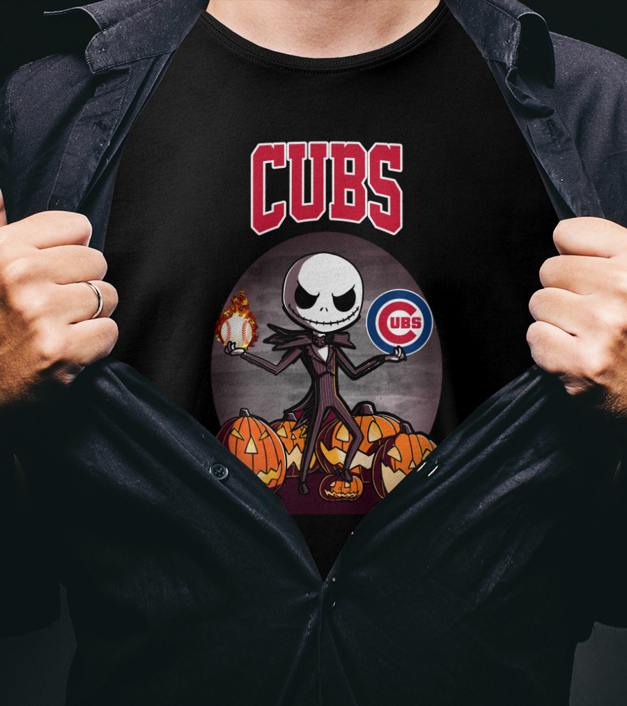 Cubs Jack Skellington Halloween Pumpkin Flame Baseball T-Shirt