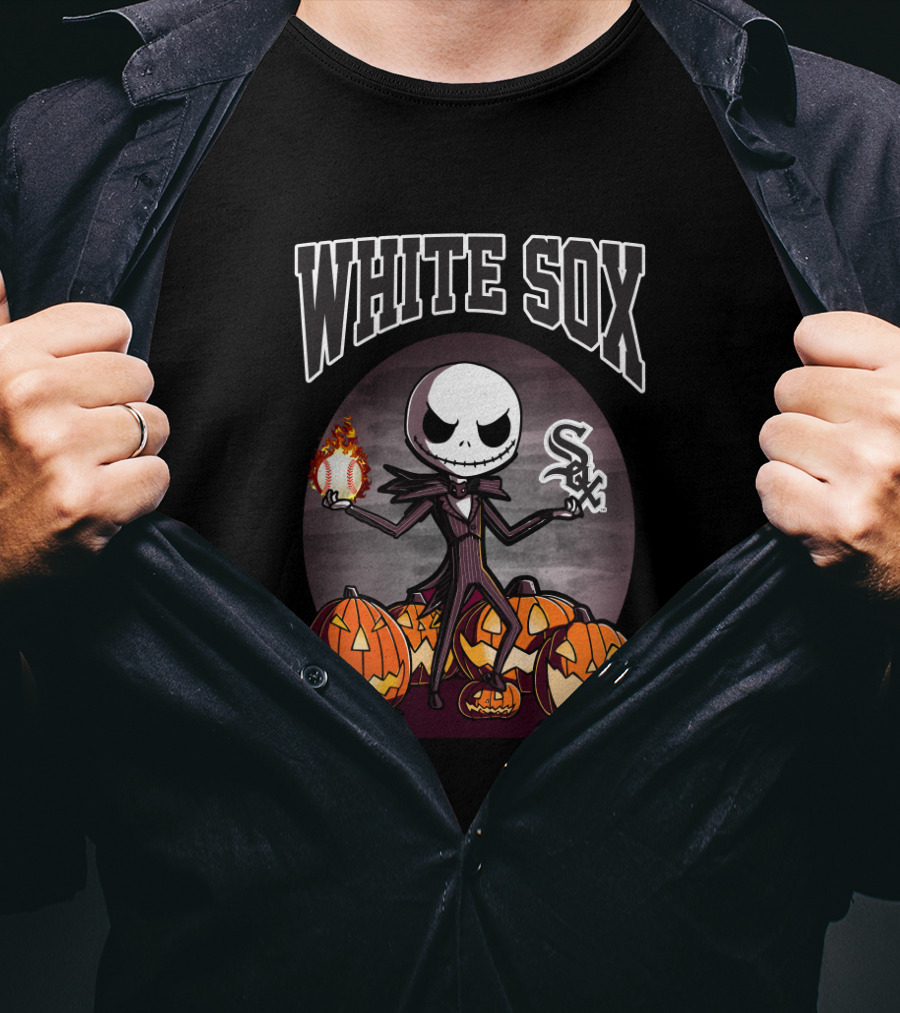 White Sox Halloween Jack Skellington Holding Baseball Surrounded By Pumpkins T-Shirt