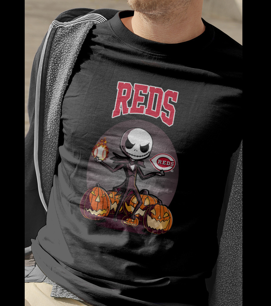 Reds Jack Skellington With Pumpkins And Baseball Cincinnati Halloween T-Shirt