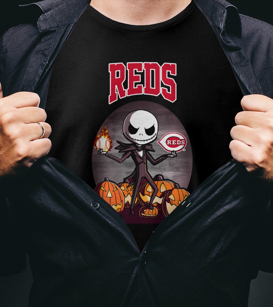 Reds Jack Skellington With Pumpkins And Baseball Cincinnati Halloween T-Shirt