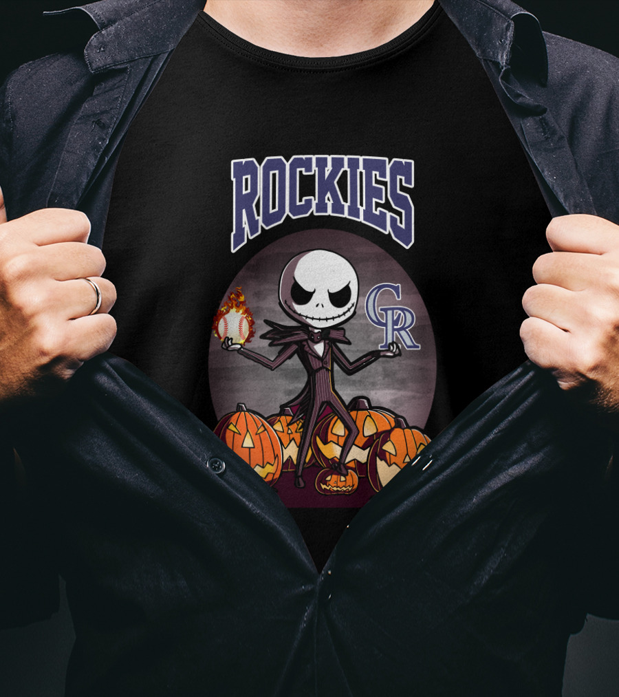 Rockies Halloween Jack Skellington With Colorado Baseball Pumpkins T-Shirt