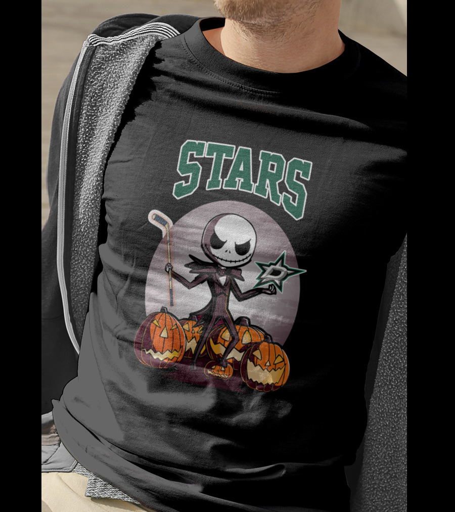 Dallas Stars Halloween Jack Skellington With Hockey Stick And Pumpkins T-Shirt