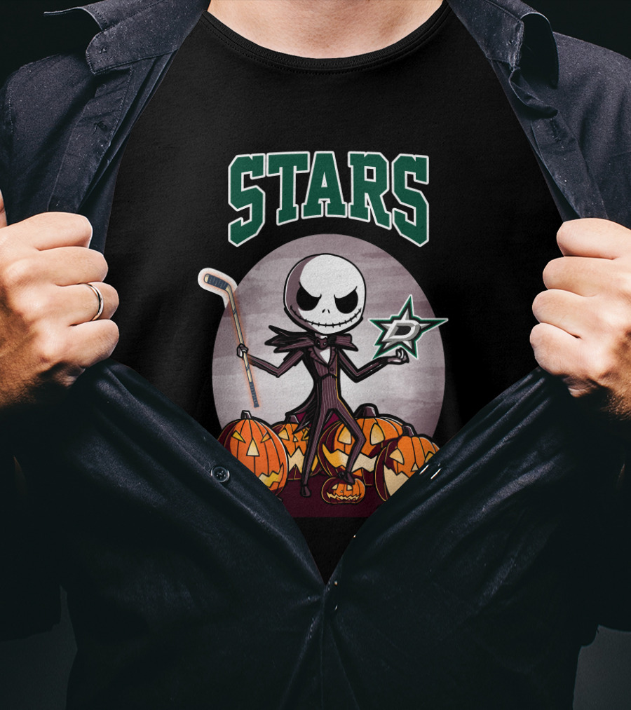 Dallas Stars Halloween Jack Skellington With Hockey Stick And Pumpkins T-Shirt