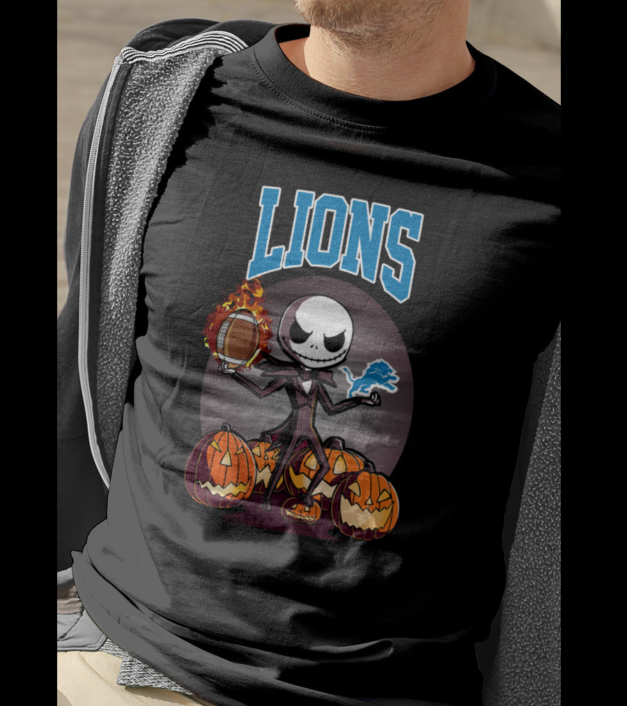 Jack Skellington Detroit Lions Halloween Football With Pumpkins T-Shirt