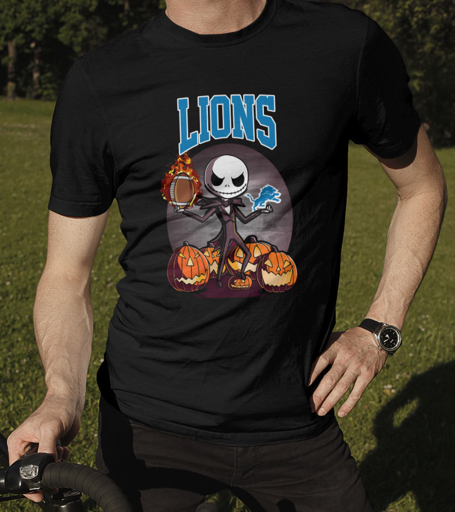 Jack Skellington Detroit Lions Halloween Football With Pumpkins T-Shirt