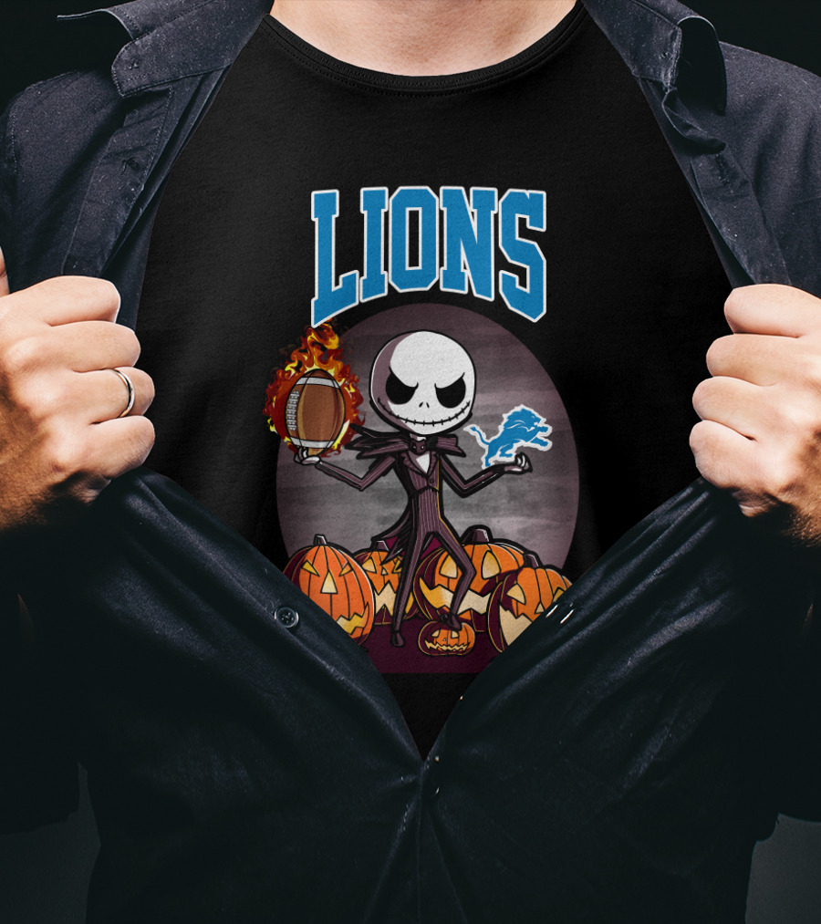 Jack Skellington Detroit Lions Halloween Football With Pumpkins T-Shirt
