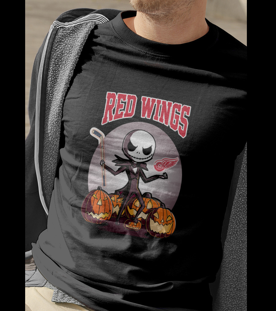 Jack Skellington Halloween Detroit Red Wings Hockey Pumpkins T-Shirt