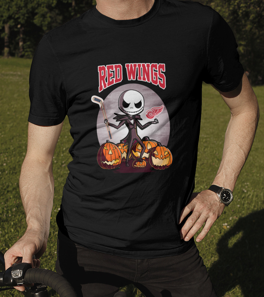Jack Skellington Halloween Detroit Red Wings Hockey Pumpkins T-Shirt