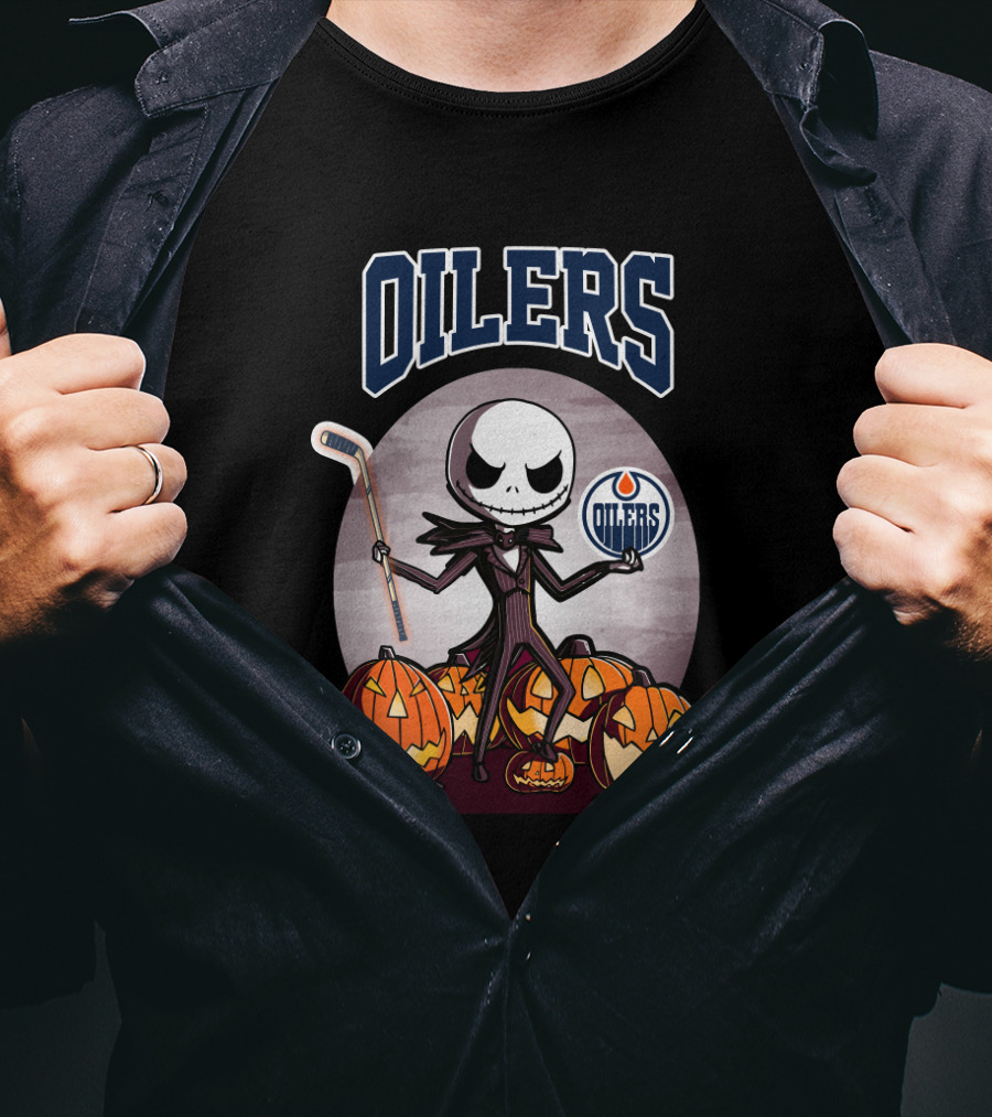 Oilers Jack Skellington Halloween Edmonton Oilers Hockey Pumpkin T-Shirt