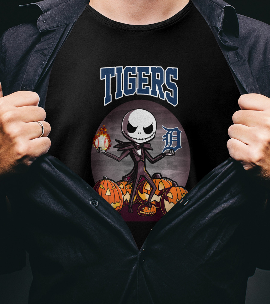 Tigers Jack Skellington Halloween Detroit Baseball Pumpkins Iconic T-Shirt