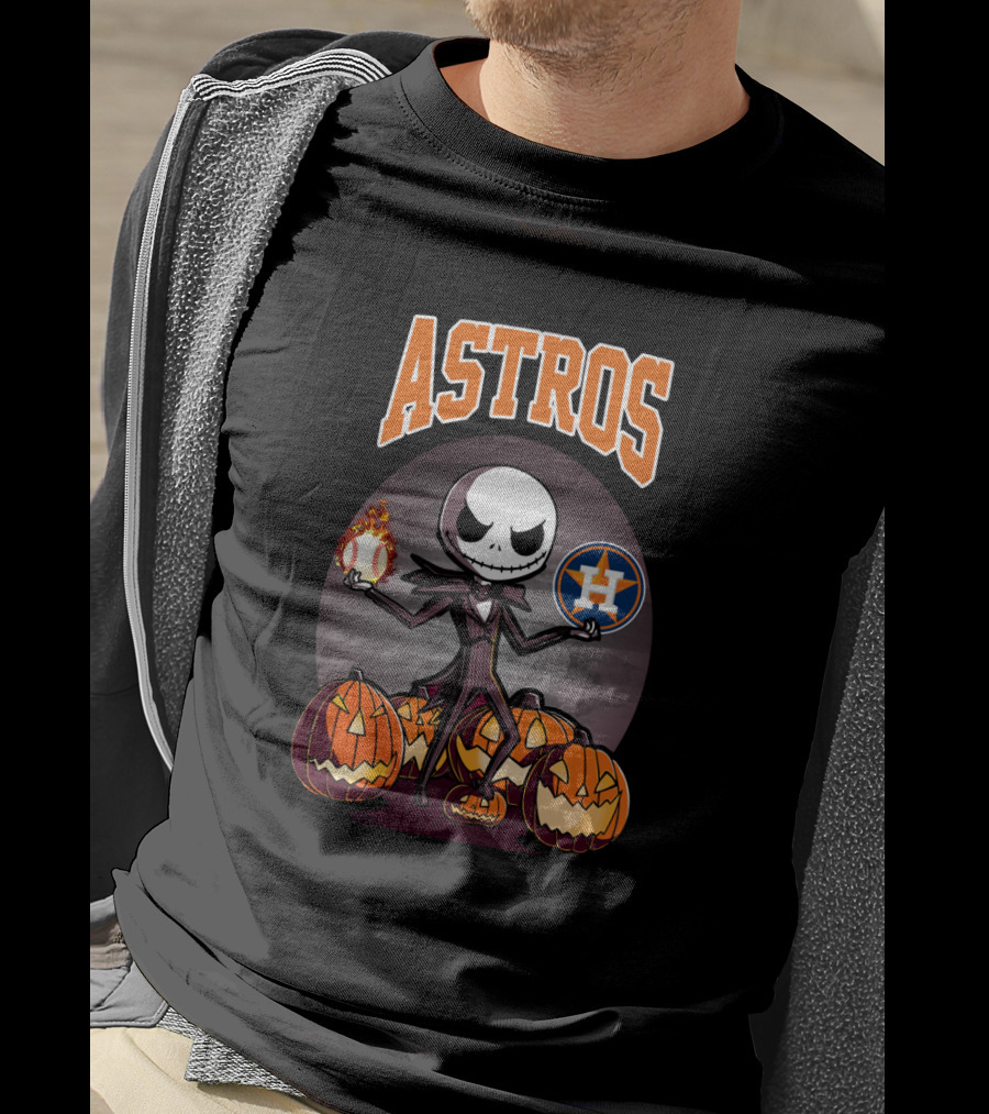 Jack Skellington Holding Houston Astros Baseball Surrounded By Pumpkins T-Shirt