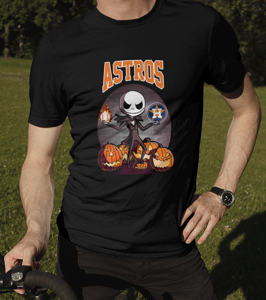 Jack Skellington Holding Houston Astros Baseball Surrounded By Pumpkins T-Shirt