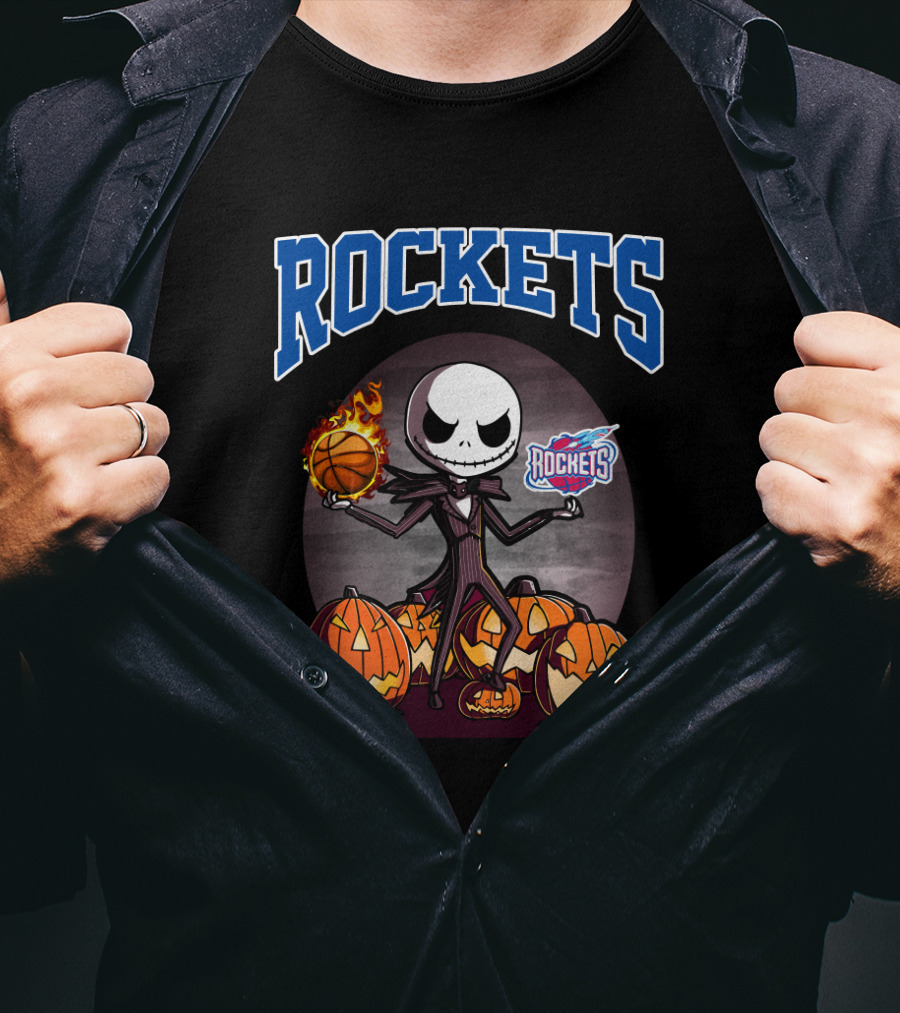 Jack Skellington Halloween Houston Rockets Basketball Pumpkins Scene T-Shirt