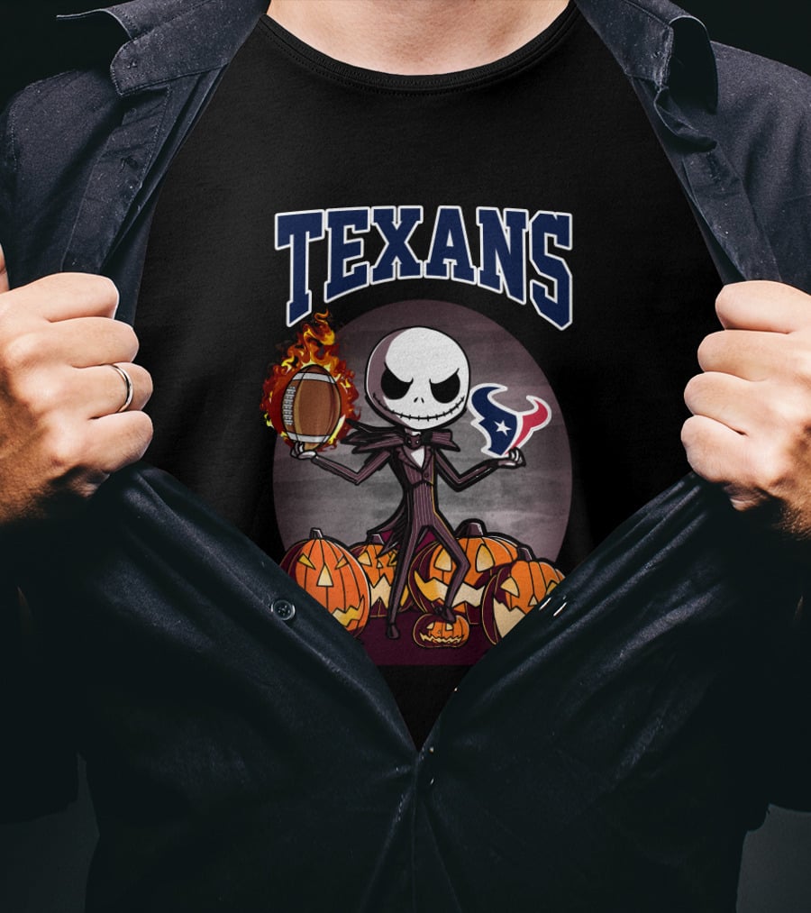 Jack Skellington Halloween Texans Football Theme With Pumpkins T-Shirt