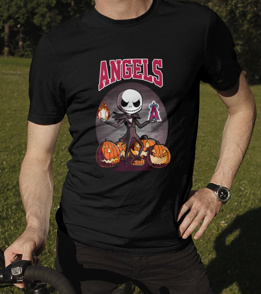 Jack Skellington Halloween Los Angeles Angels Pumpkins With Baseball And Halo T-Shirt