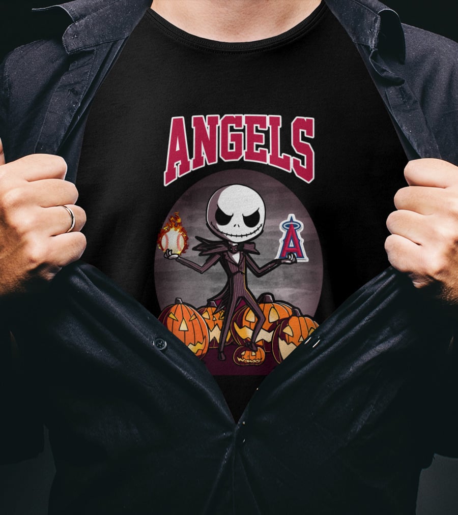 Jack Skellington Halloween Los Angeles Angels Pumpkins With Baseball And Halo T-Shirt