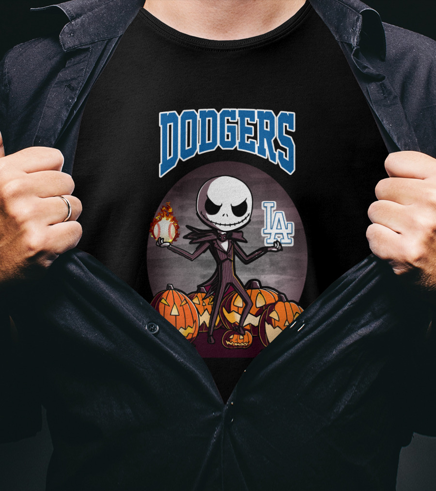 Dodgers Jack Skellington Halloween With LA Logo And Pumpkins T-Shirt