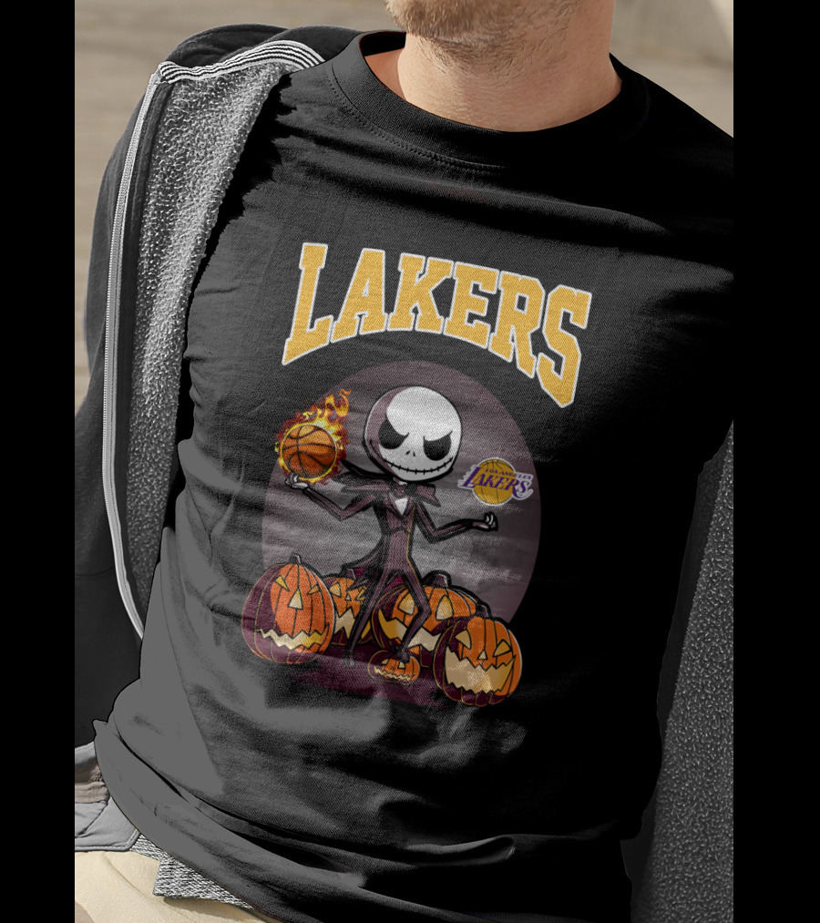 Lakers Jack Skellington Halloween Basketball With Pumpkins And Los Angeles Lakers T-Shirt