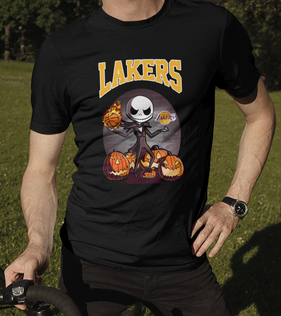 Lakers Jack Skellington Halloween Basketball With Pumpkins And Los Angeles Lakers T-Shirt