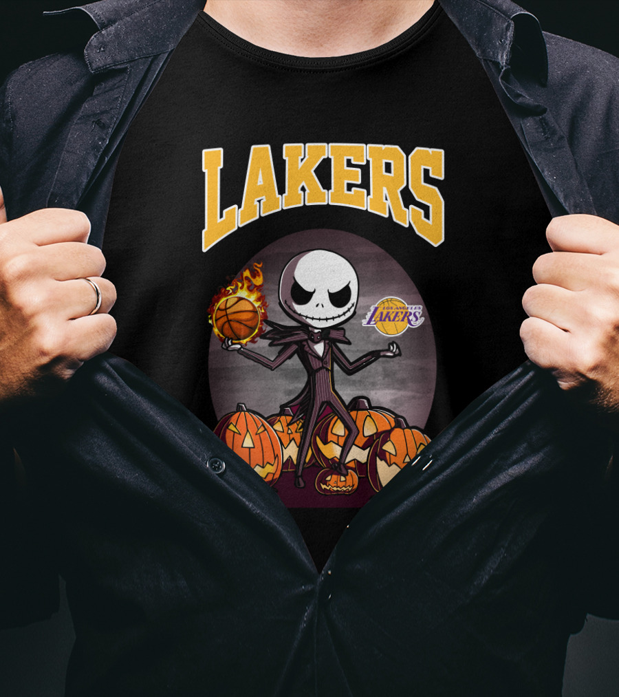 Lakers Jack Skellington Halloween Basketball With Pumpkins And Los Angeles Lakers T-Shirt