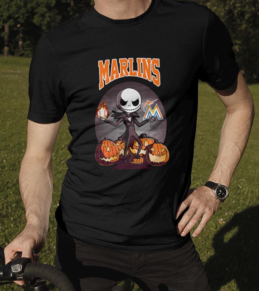 Marlins Jack Skellington With Pumpkins And Miami Baseball T-Shirt