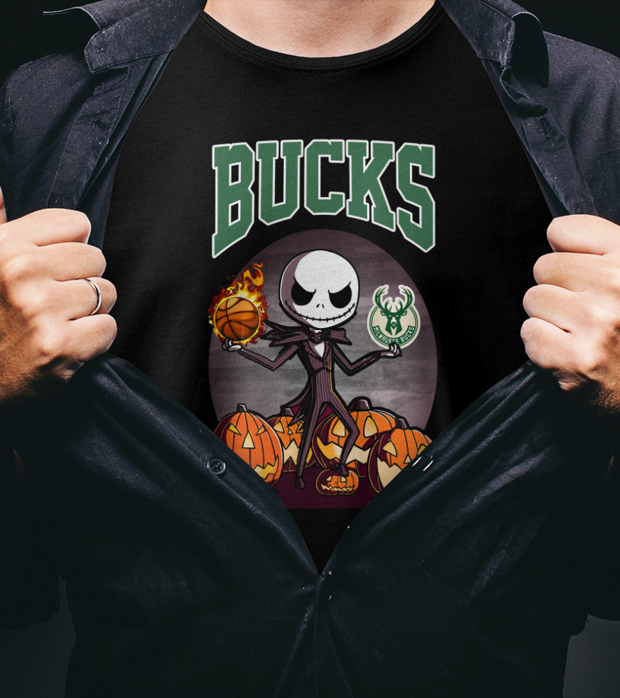 Bucks Jack Skellington Holding Flaming Basketball And Milwaukee Bucks Logo With Halloween Pumpkins T-Shirt