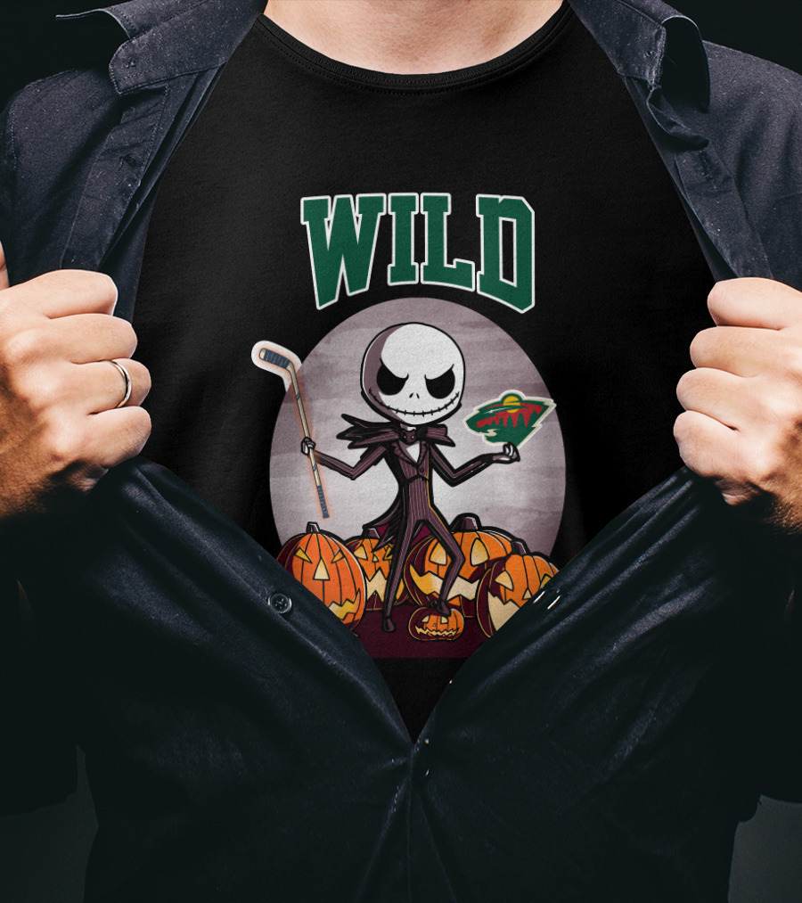 Jack Skellington Halloween Minnesota Wild Hockey Pumpkins T-Shirt